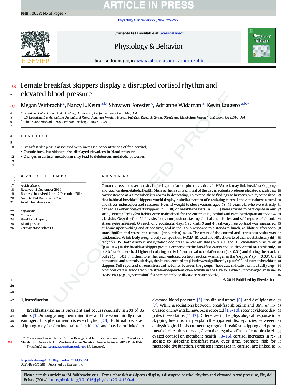 Female breakfast skippers display a disrupted cortisol rhythm and elevated blood pressure