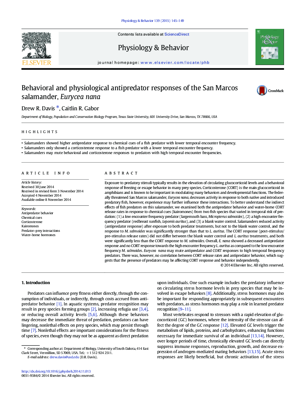 Behavioral and physiological antipredator responses of the San Marcos salamander, Eurycea nana