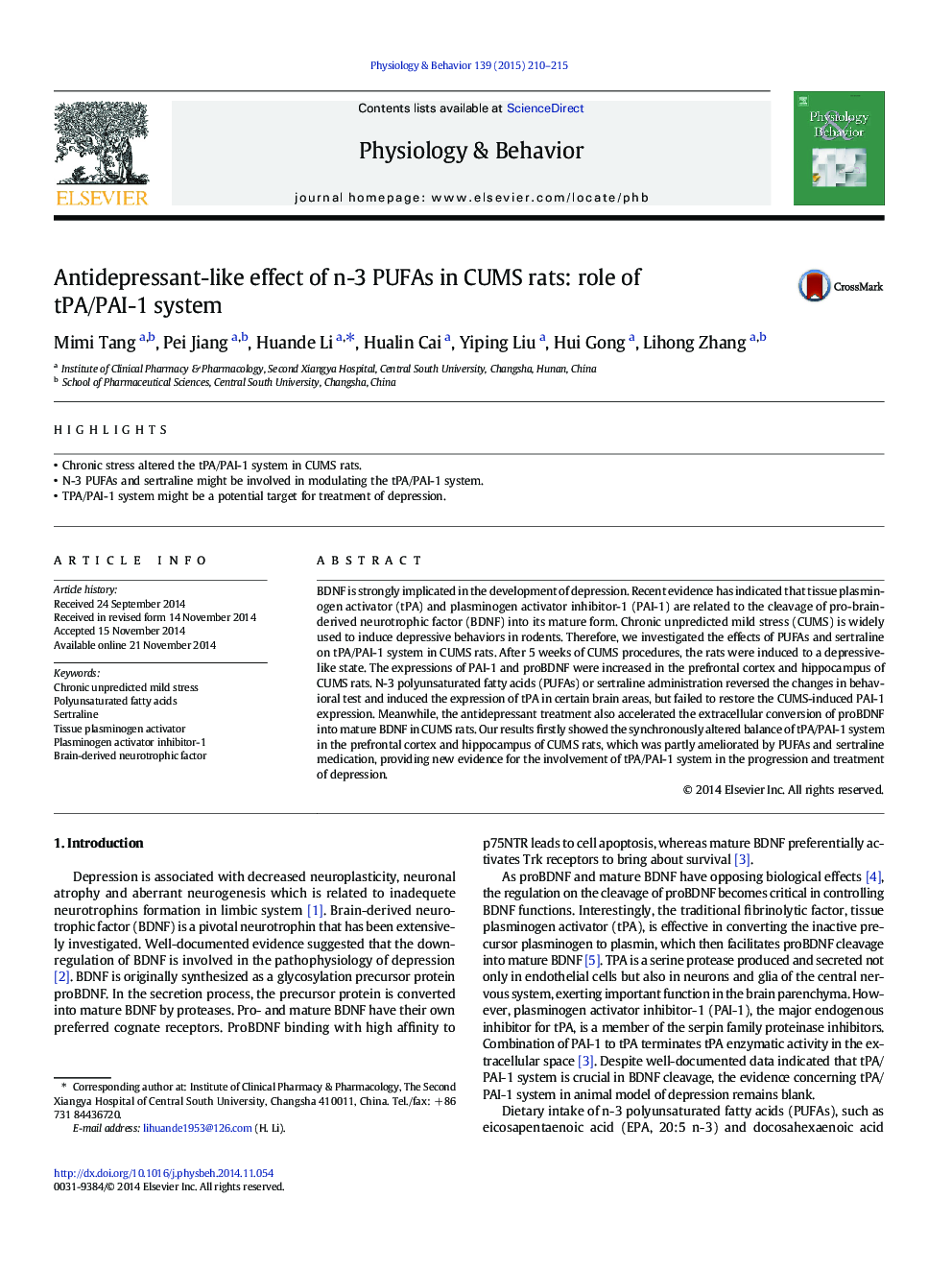 Antidepressant-like effect of n-3 PUFAs in CUMS rats: role of tPA/PAI-1 system