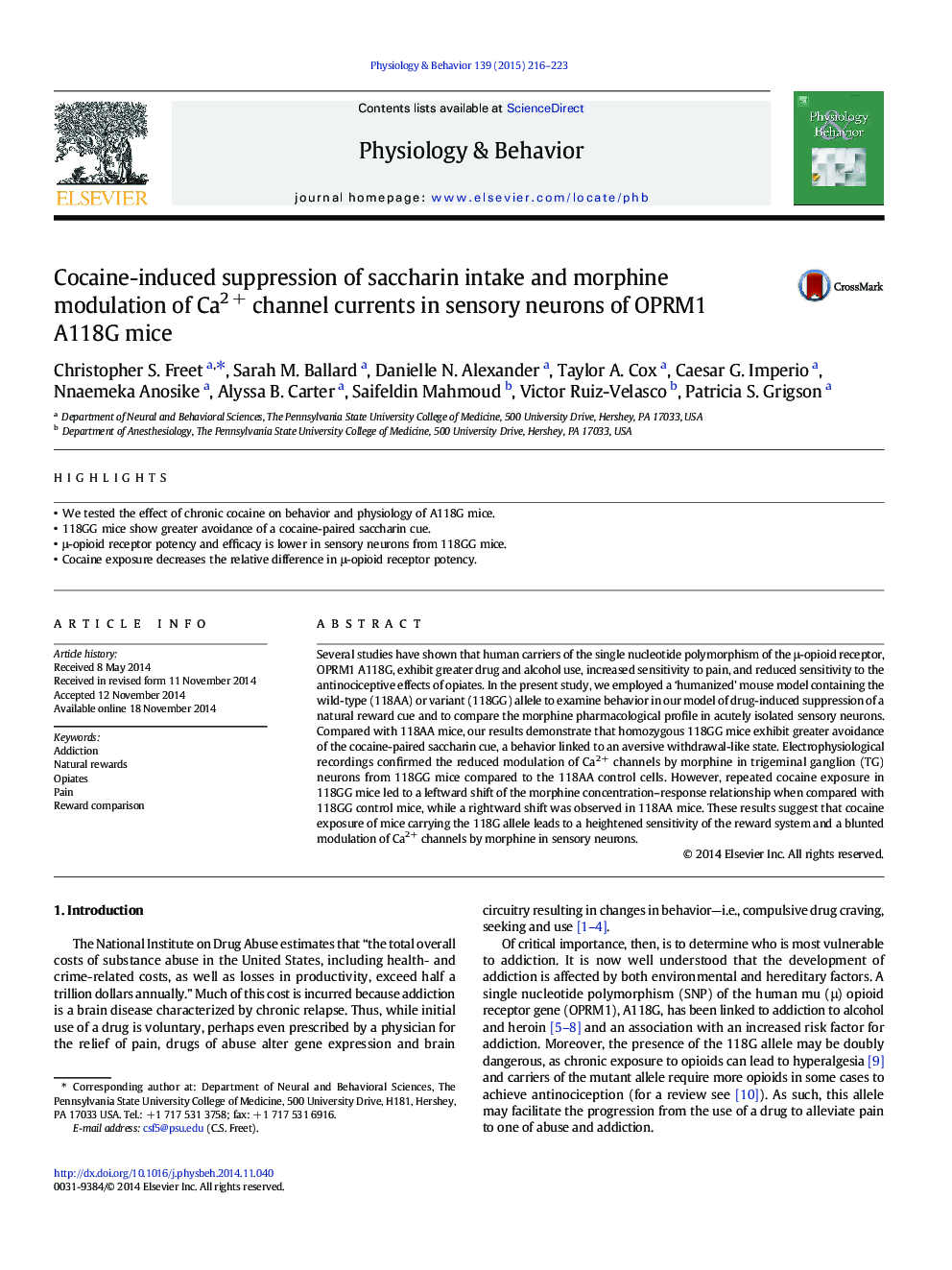 Cocaine-induced suppression of saccharin intake and morphine modulation of Ca2Â + channel currents in sensory neurons of OPRM1 A118G mice