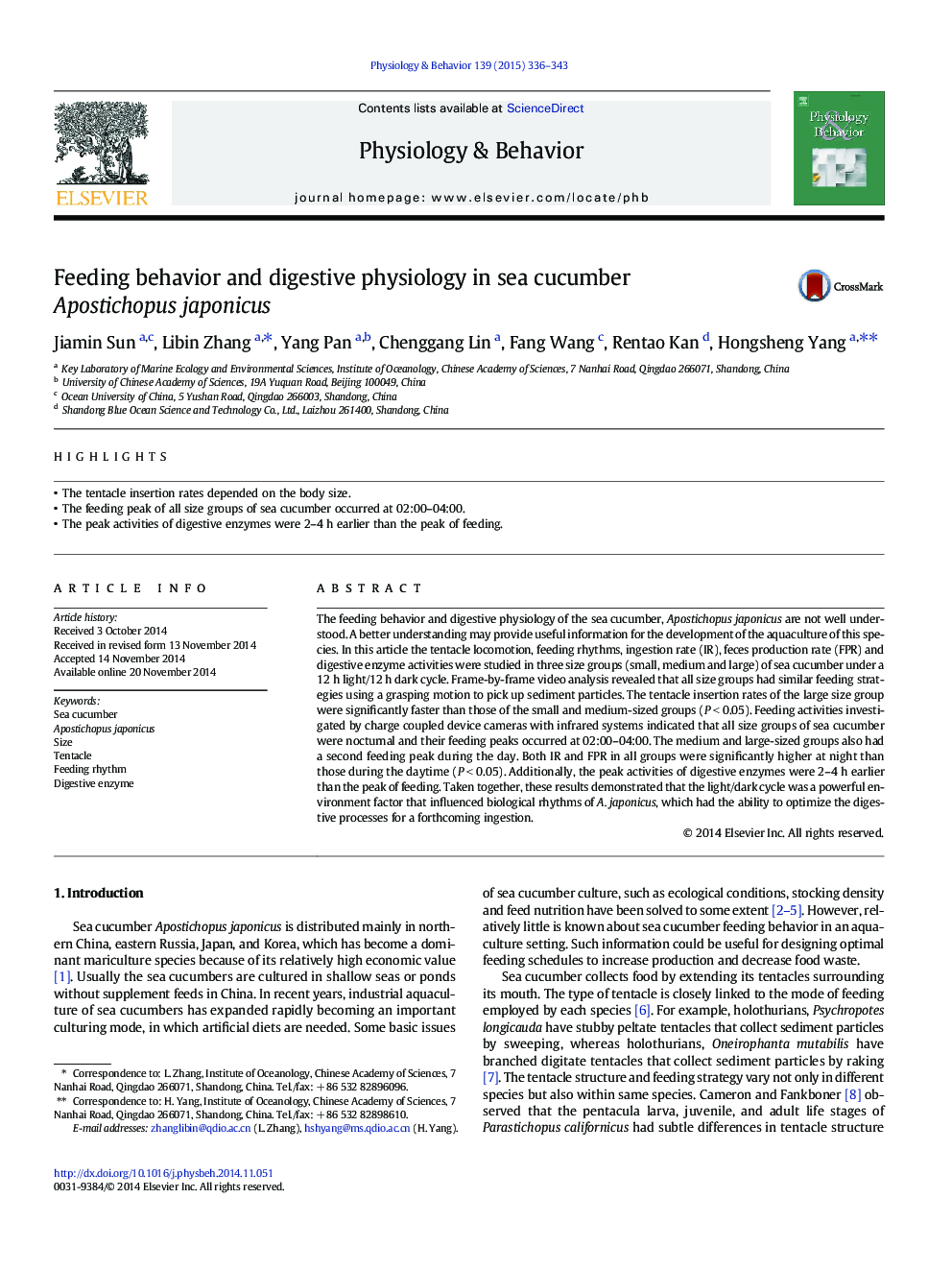 Feeding behavior and digestive physiology in sea cucumber Apostichopus japonicus