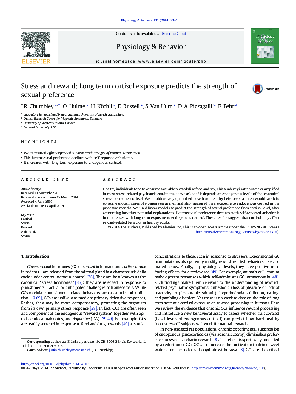 Stress and reward: Long term cortisol exposure predicts the strength of sexual preference