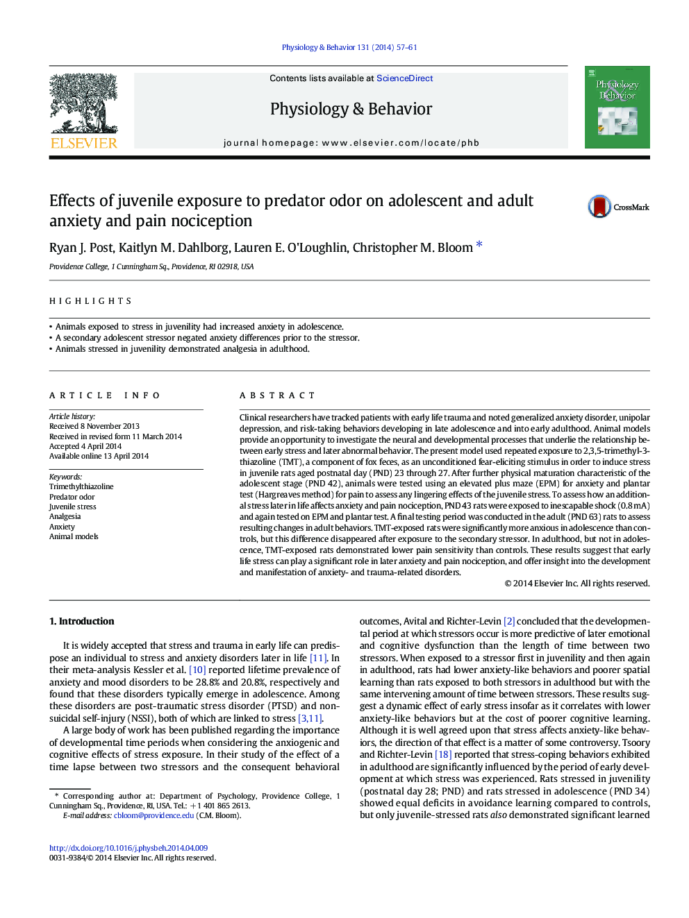 Effects of juvenile exposure to predator odor on adolescent and adult anxiety and pain nociception