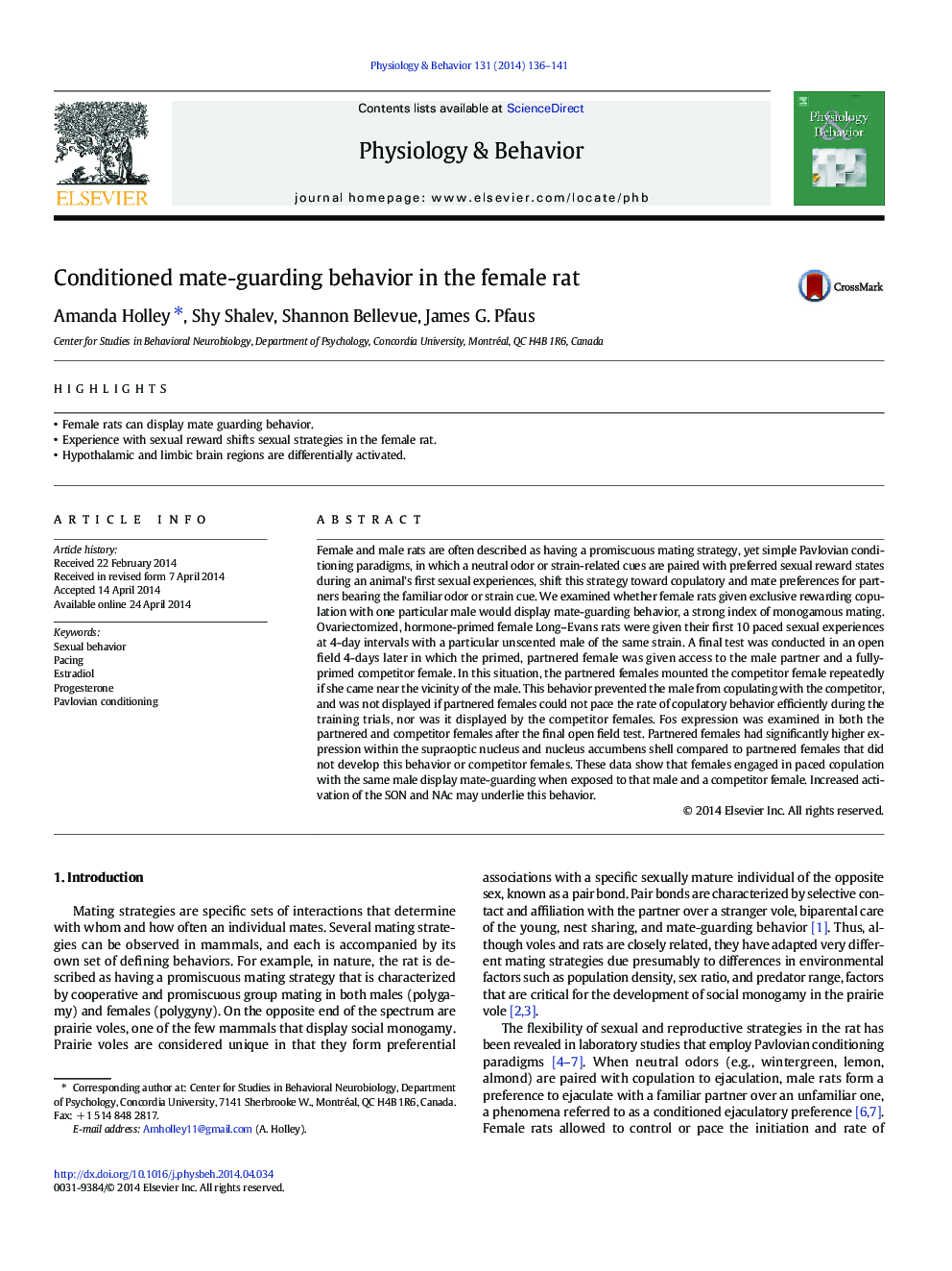 Conditioned mate-guarding behavior in the female rat