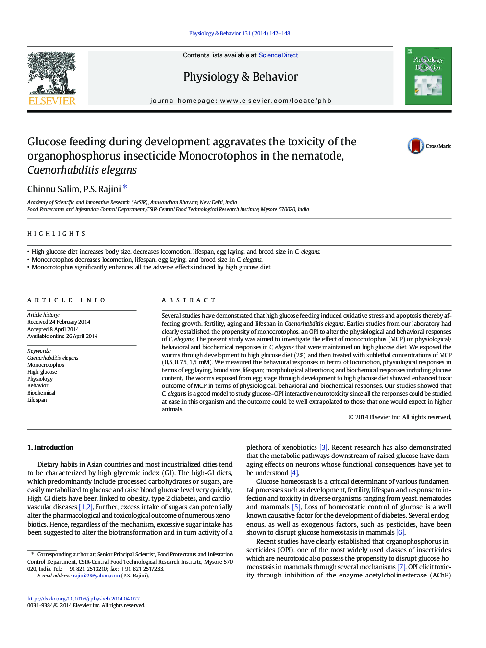 Glucose feeding during development aggravates the toxicity of the organophosphorus insecticide Monocrotophos in the nematode, Caenorhabditis elegans