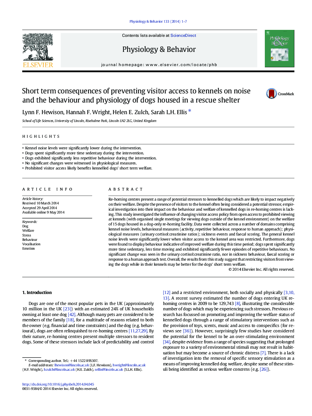 Short term consequences of preventing visitor access to kennels on noise and the behaviour and physiology of dogs housed in a rescue shelter