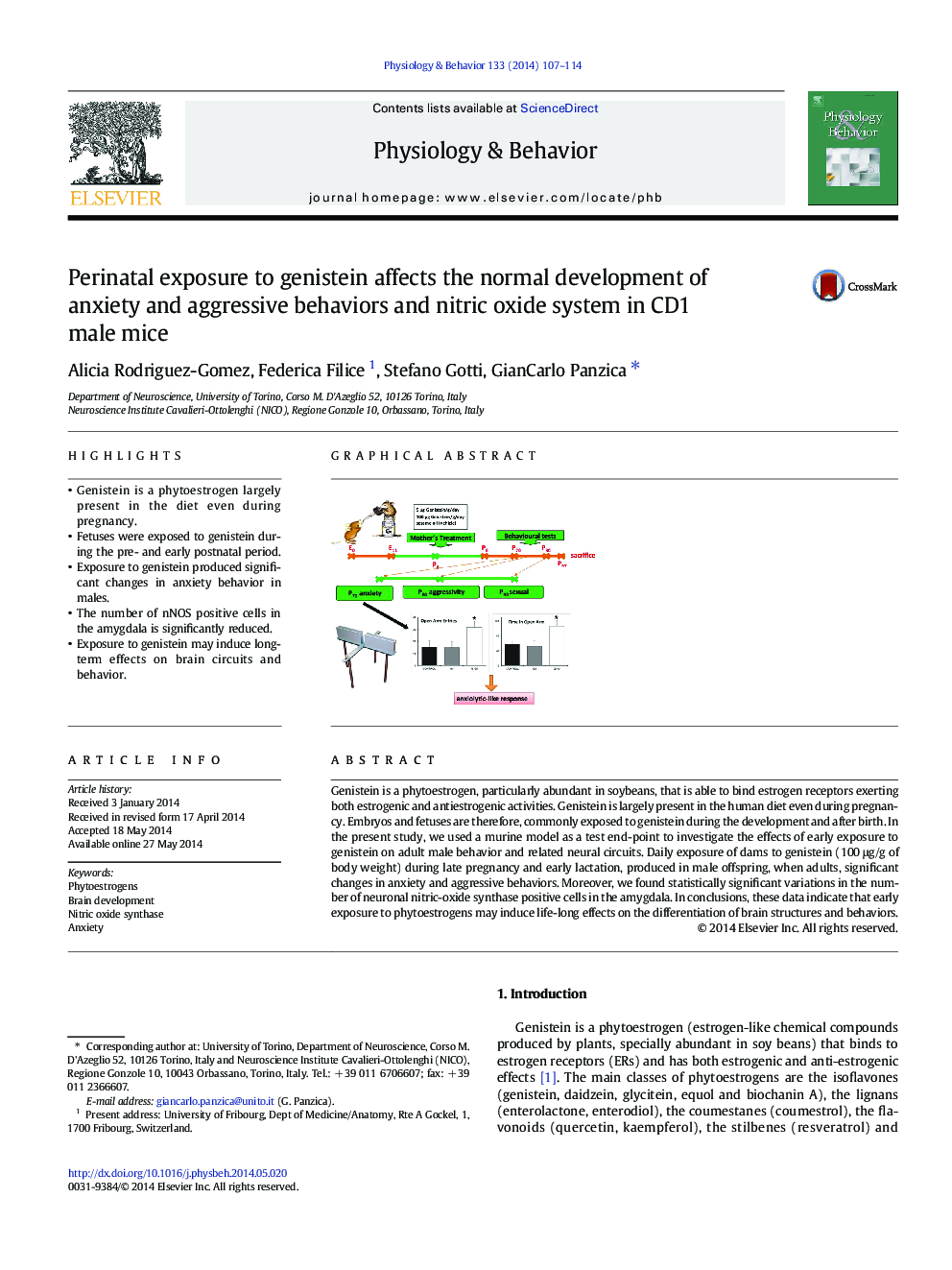 Perinatal exposure to genistein affects the normal development of anxiety and aggressive behaviors and nitric oxide system in CD1 male mice