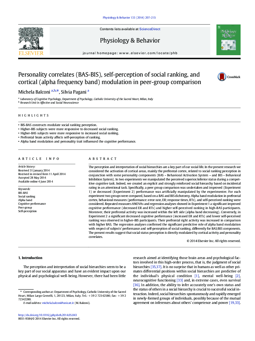 Personality correlates (BAS-BIS), self-perception of social ranking, and cortical (alpha frequency band) modulation in peer-group comparison