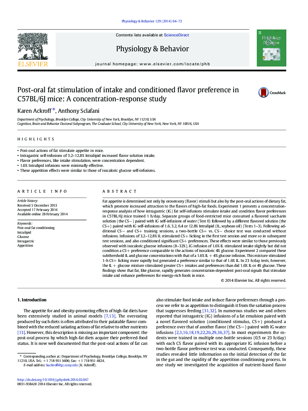 Post-oral fat stimulation of intake and conditioned flavor preference in C57BL/6J mice: A concentration-response study