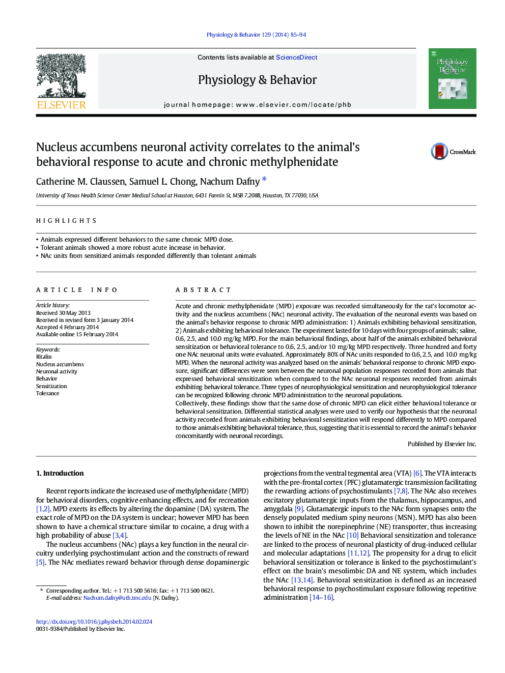 Nucleus accumbens neuronal activity correlates to the animal's behavioral response to acute and chronic methylphenidate