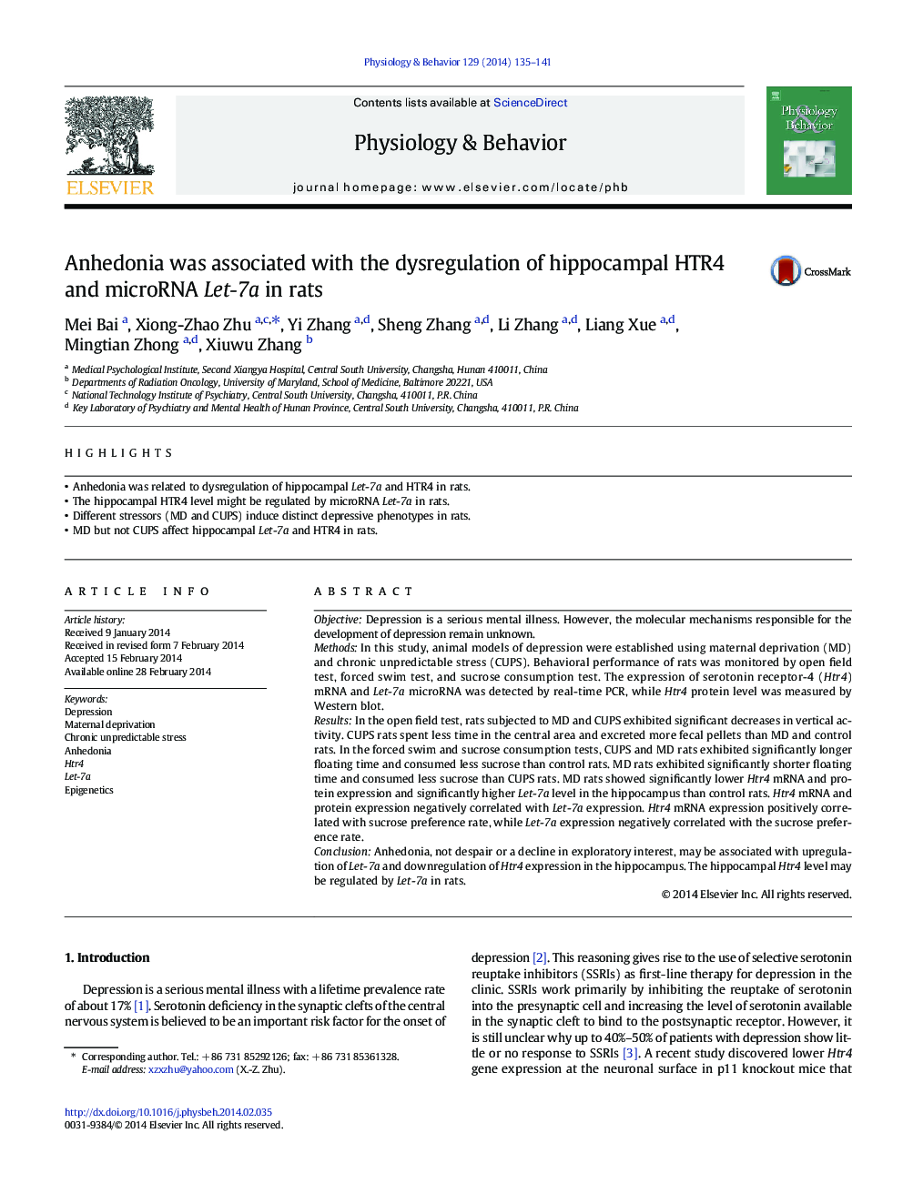 Anhedonia was associated with the dysregulation of hippocampal HTR4 and microRNA Let-7a in rats