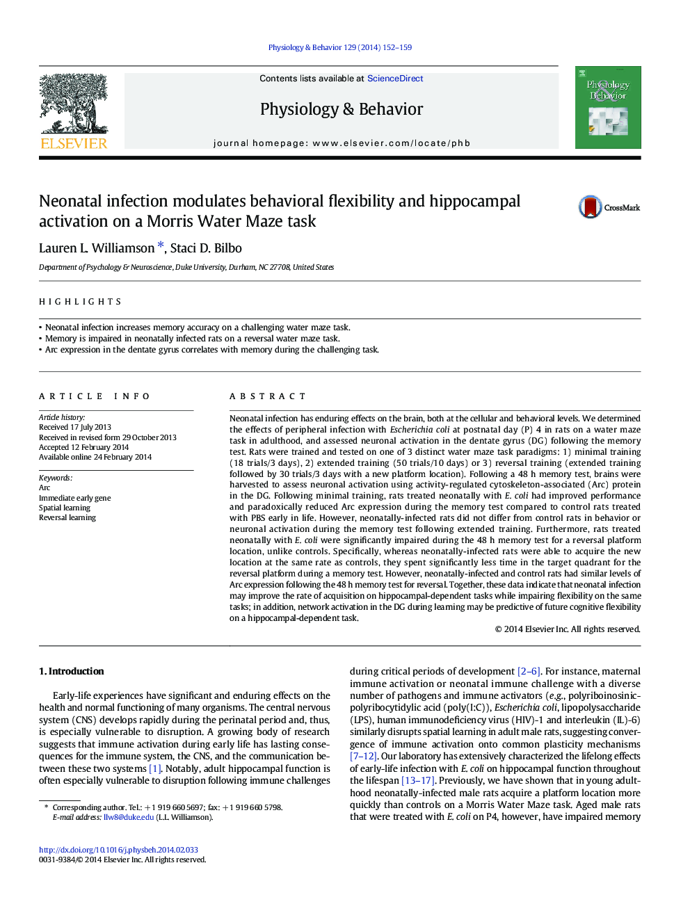 Neonatal infection modulates behavioral flexibility and hippocampal activation on a Morris Water Maze task