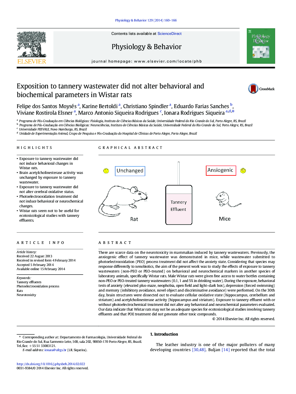 Exposition to tannery wastewater did not alter behavioral and biochemical parameters in Wistar rats