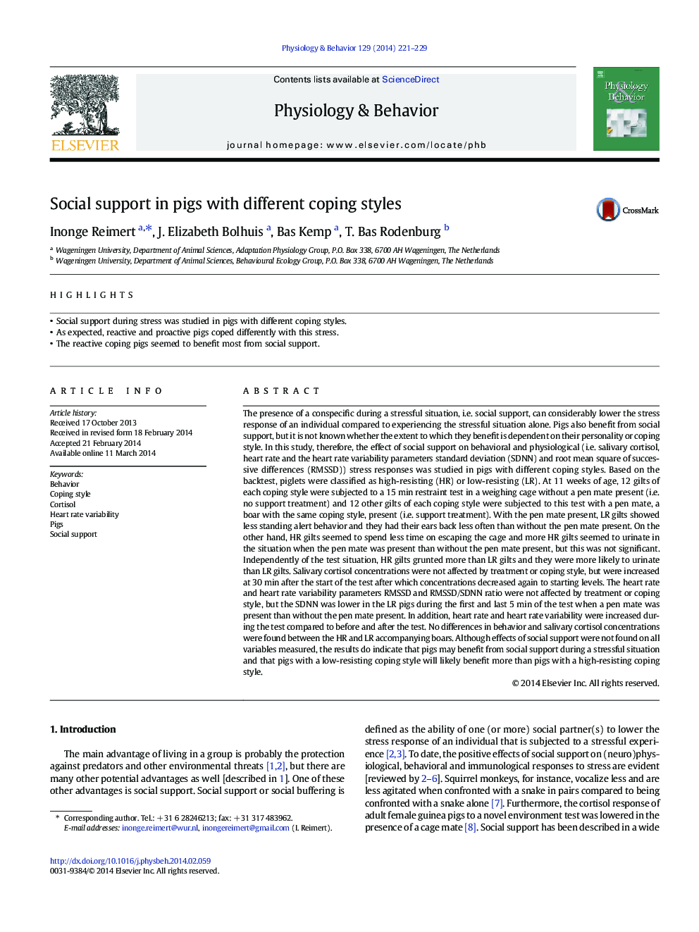 Social support in pigs with different coping styles