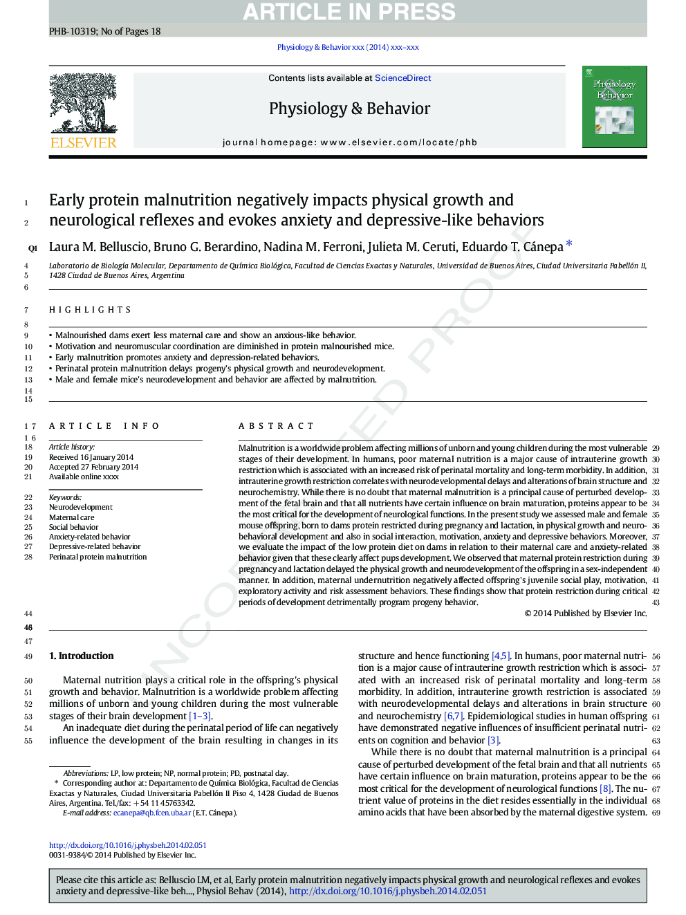 Early protein malnutrition negatively impacts physical growth and neurological reflexes and evokes anxiety and depressive-like behaviors