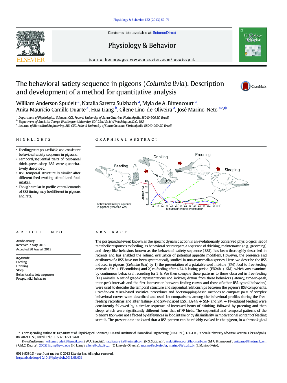 The behavioral satiety sequence in pigeons (Columba livia). Description and development of a method for quantitative analysis