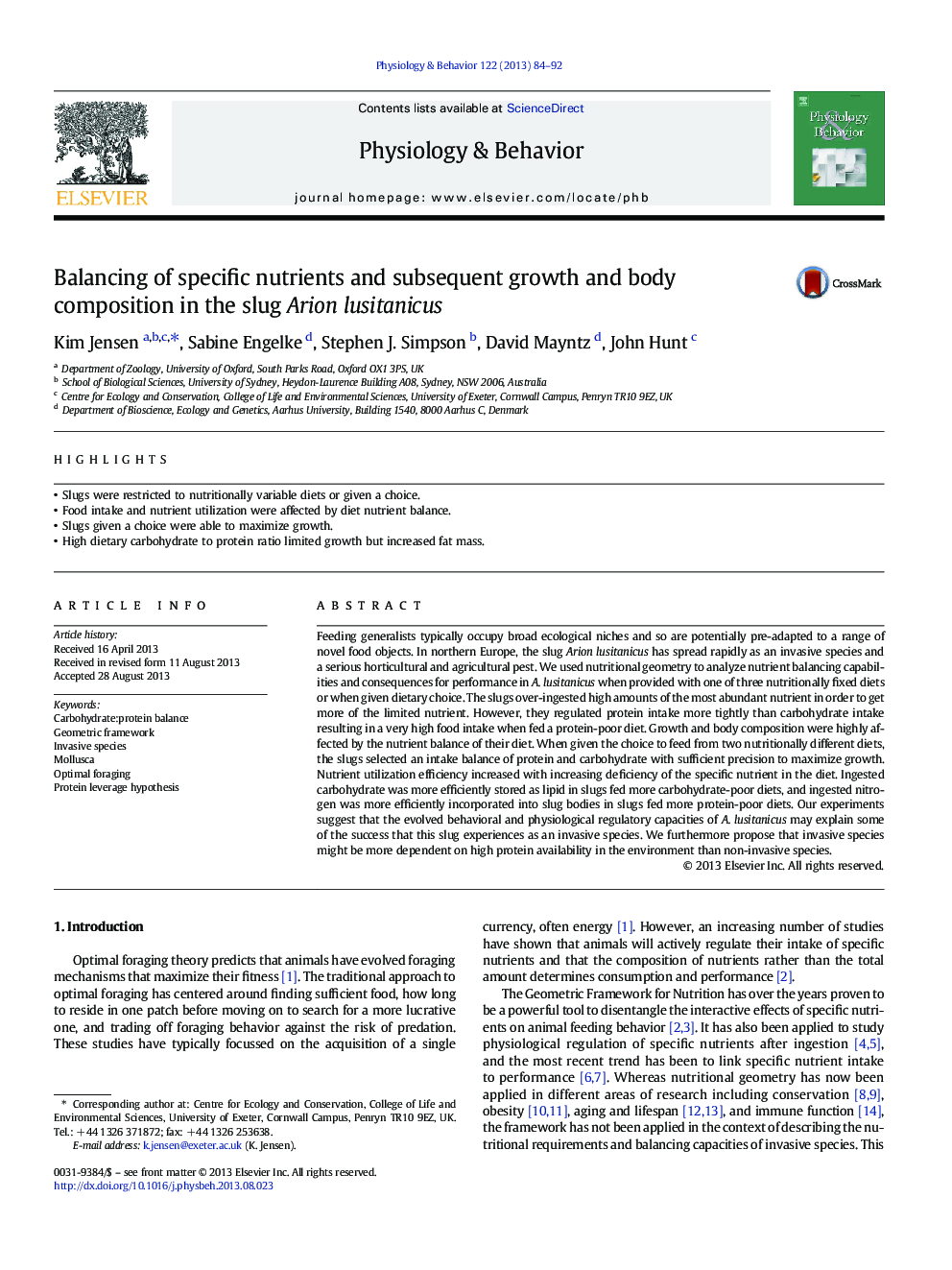 Balancing of specific nutrients and subsequent growth and body composition in the slug Arion lusitanicus