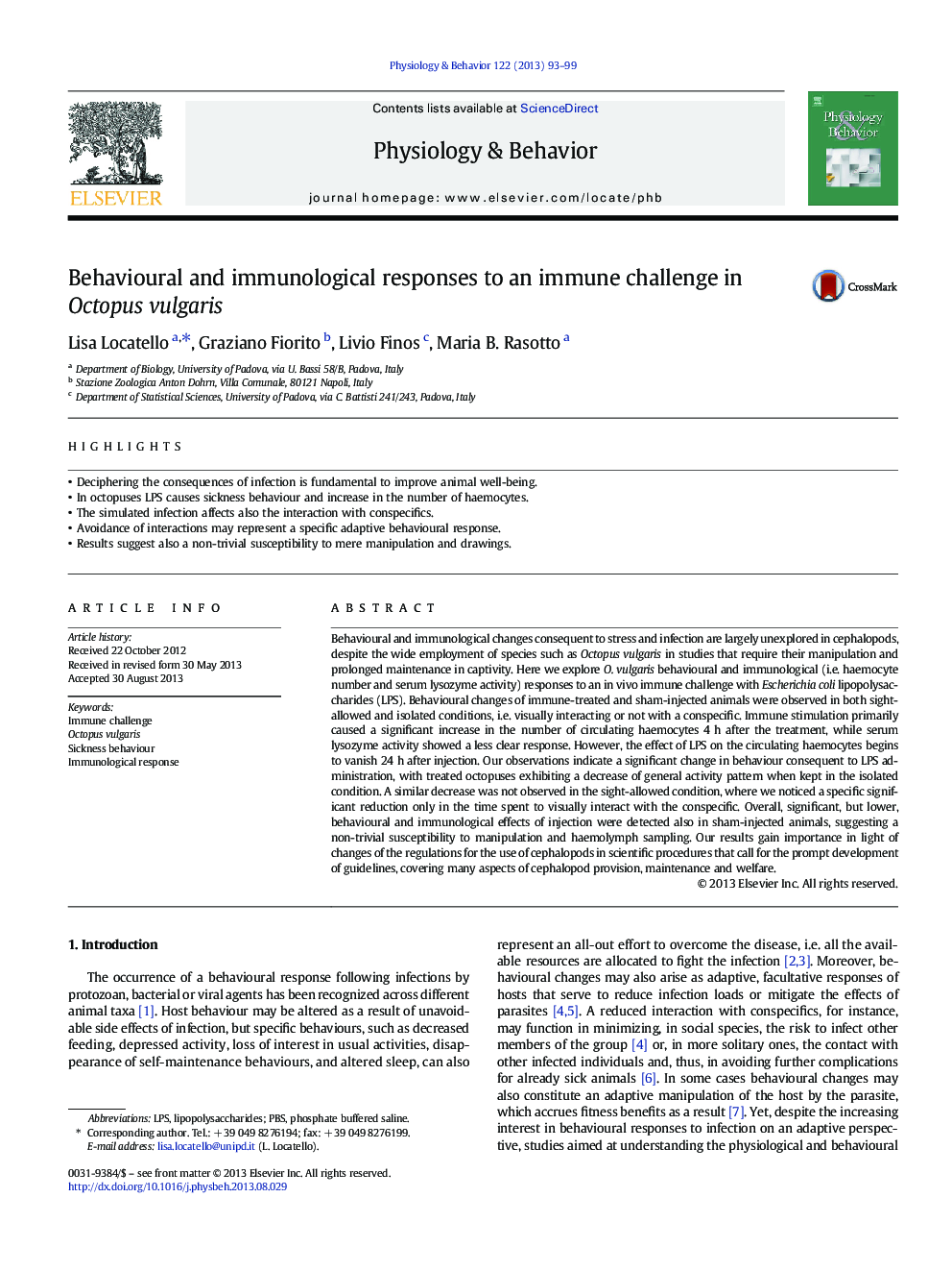 Behavioural and immunological responses to an immune challenge in Octopus vulgaris