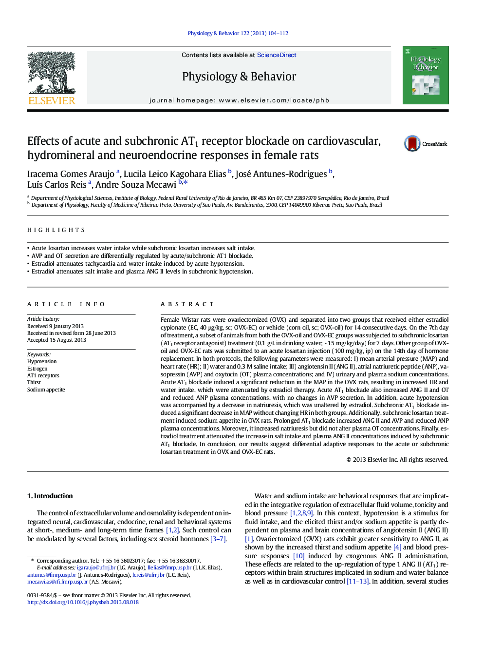 عکس صفحه اول مقاله: Effects of acute and subchronic AT1 receptor blockade on cardiovascular, hydromineral and neuroendocrine responses in female rats Effects of acute and subchronic AT1 receptor blockade on cardiovascular, hydromineral and neuroendocrine responses in female rats