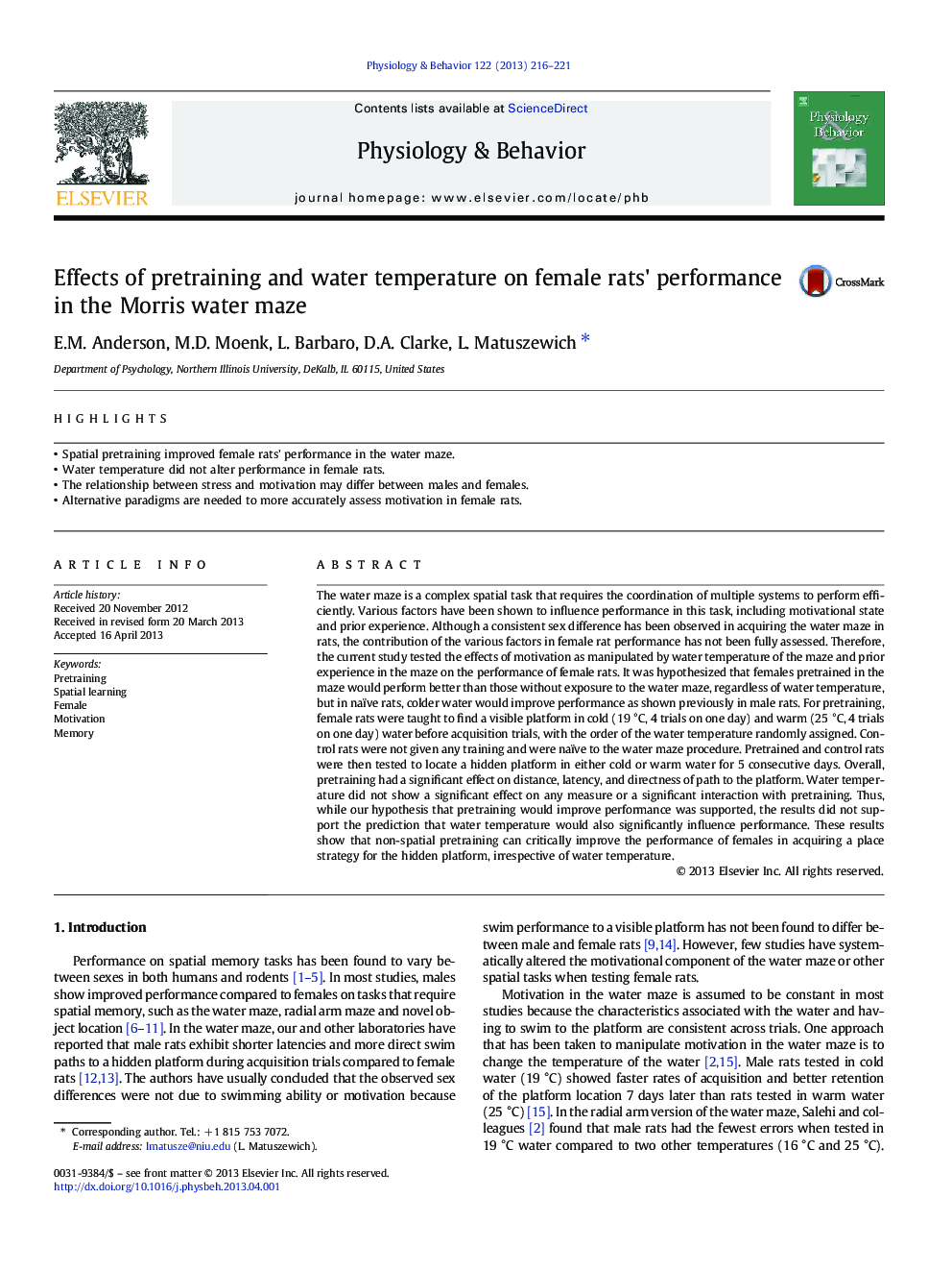 Effects of pretraining and water temperature on female rats' performance in the Morris water maze