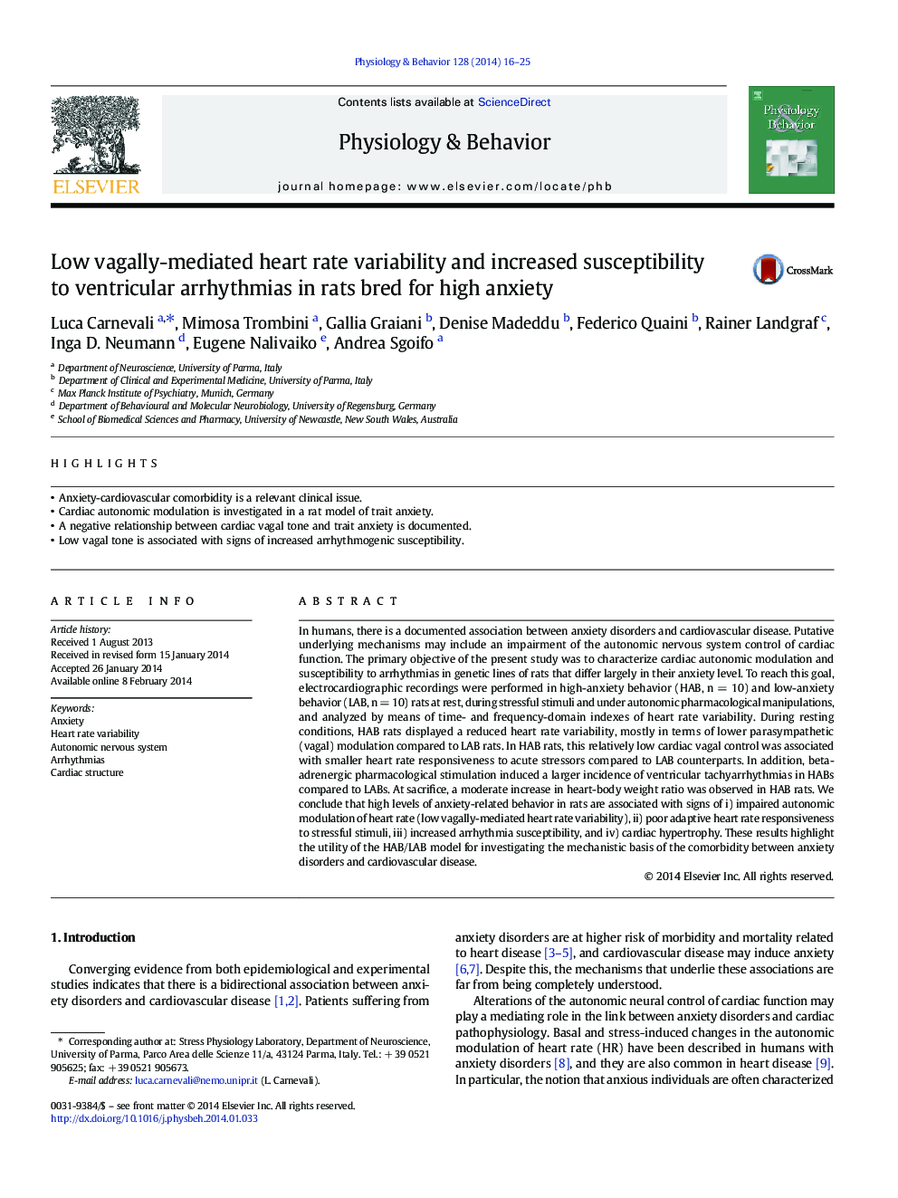 Low vagally-mediated heart rate variability and increased susceptibility to ventricular arrhythmias in rats bred for high anxiety