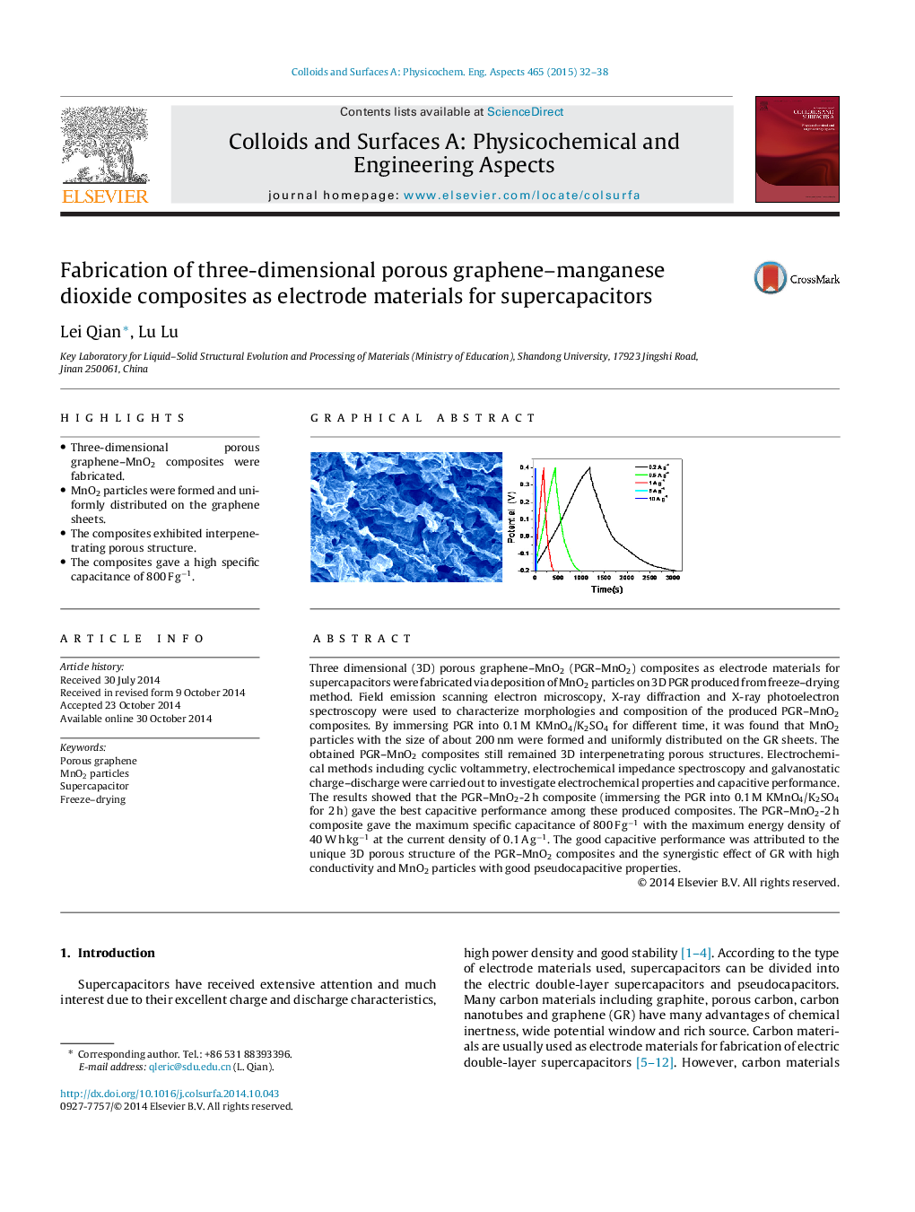 Fabrication of three-dimensional porous graphene–manganese dioxide composites as electrode materials for supercapacitors