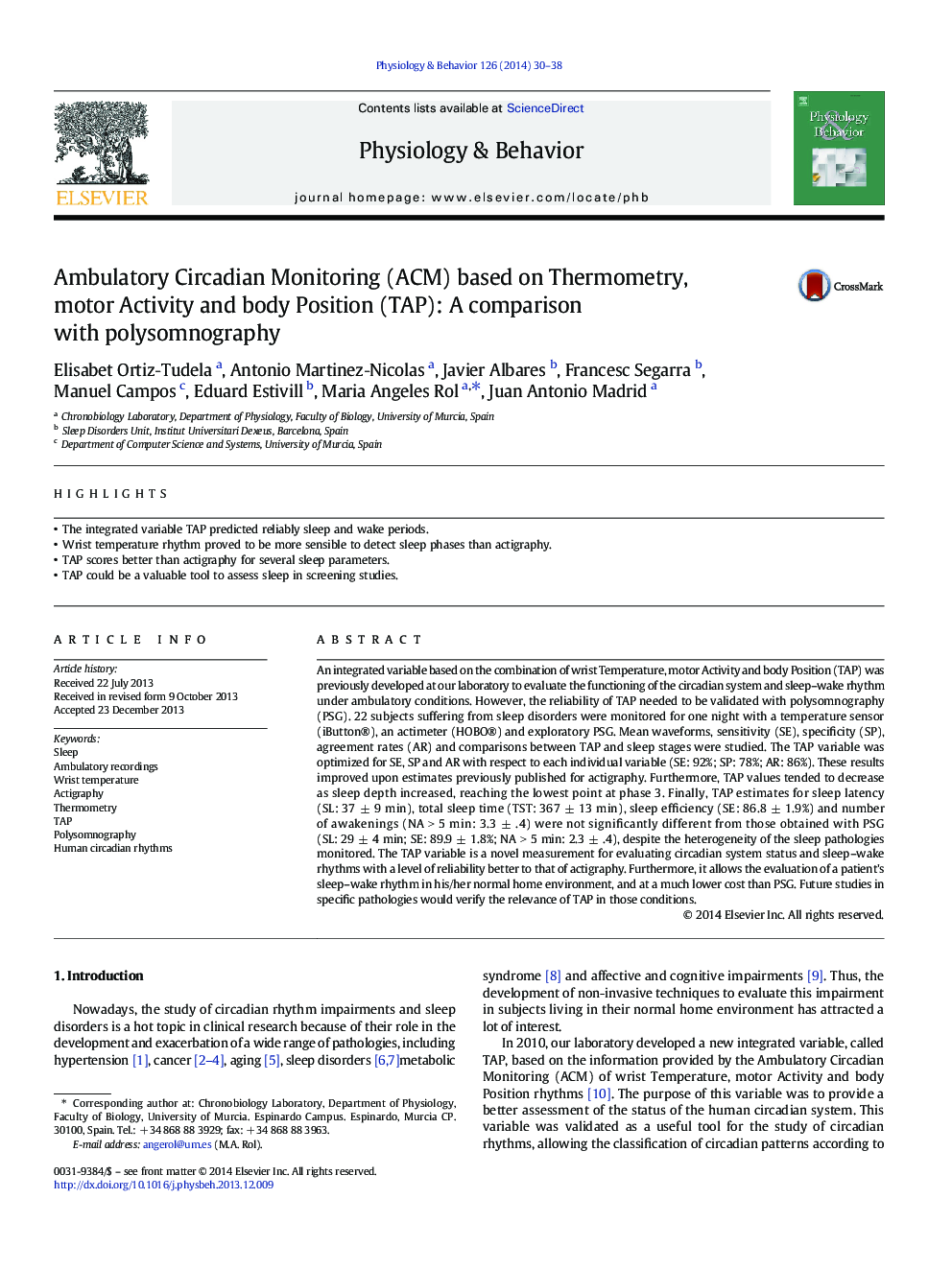 Ambulatory Circadian Monitoring (ACM) based on Thermometry, motor Activity and body Position (TAP): A comparison with polysomnography