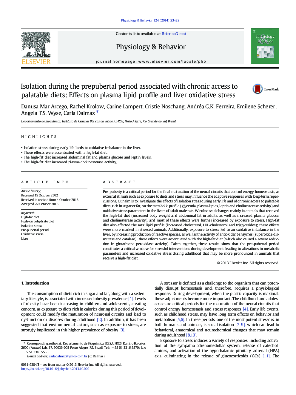 Isolation during the prepubertal period associated with chronic access to palatable diets: Effects on plasma lipid profile and liver oxidative stress