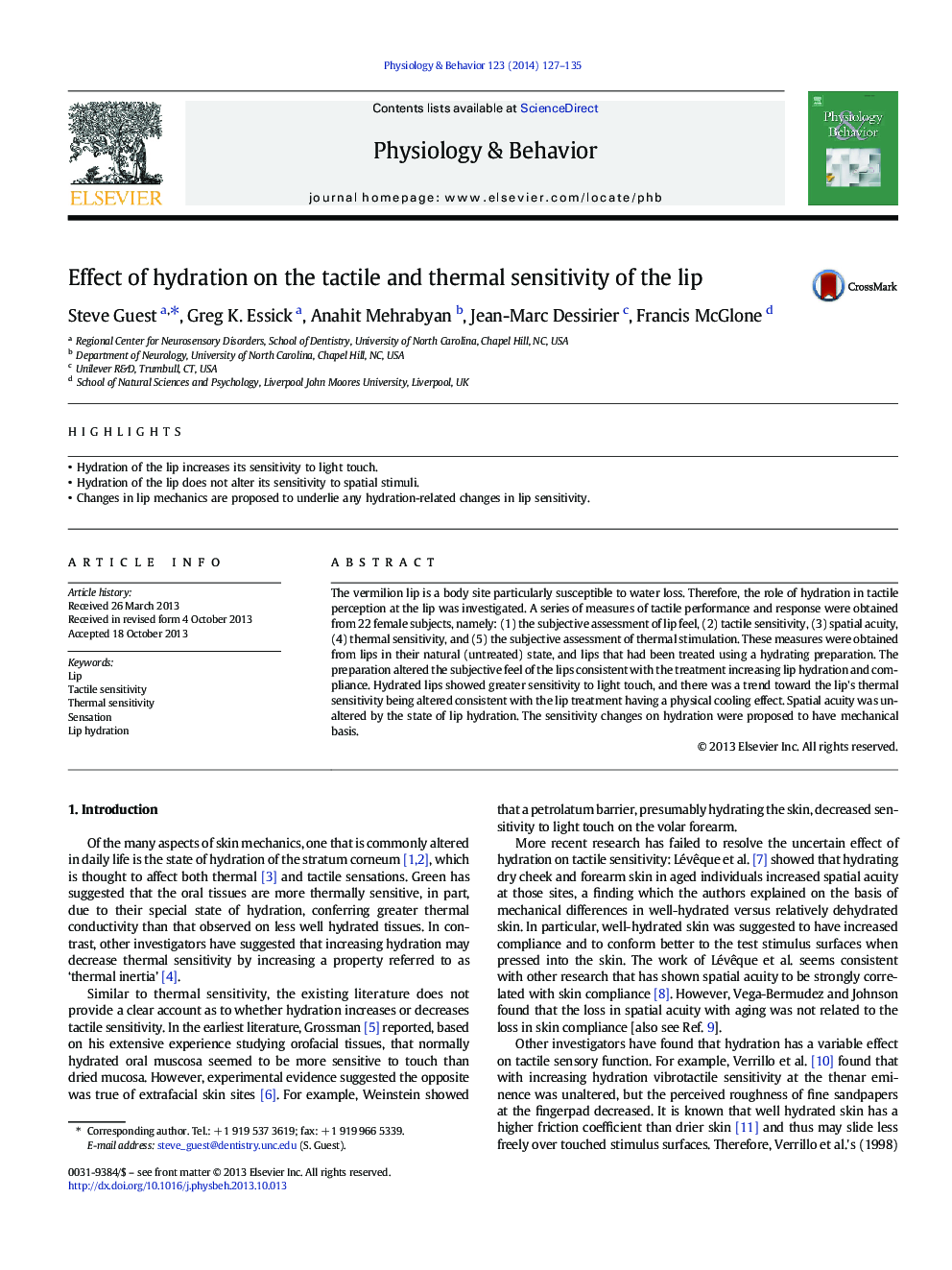 Effect of hydration on the tactile and thermal sensitivity of the lip