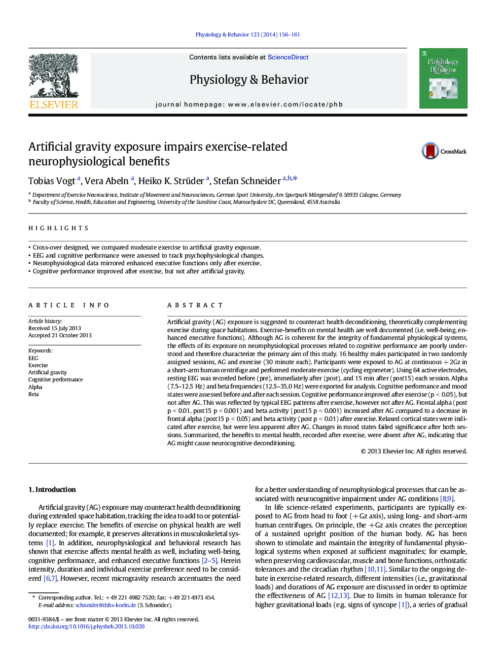 Artificial gravity exposure impairs exercise-related neurophysiological benefits