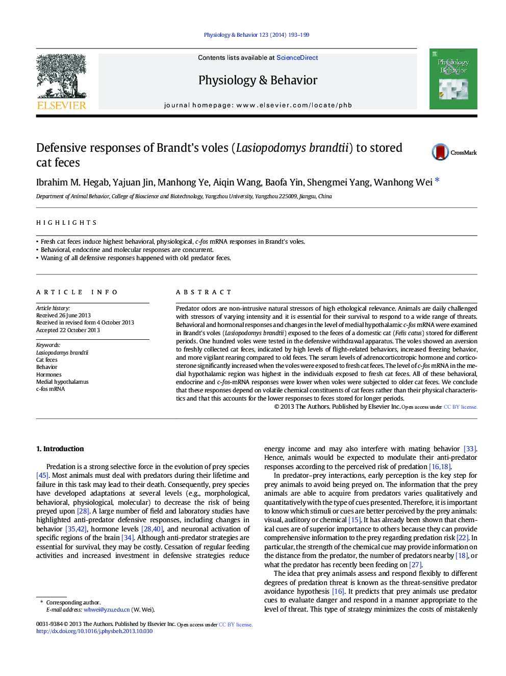 Defensive responses of Brandt's voles (Lasiopodomys brandtii) to stored cat feces