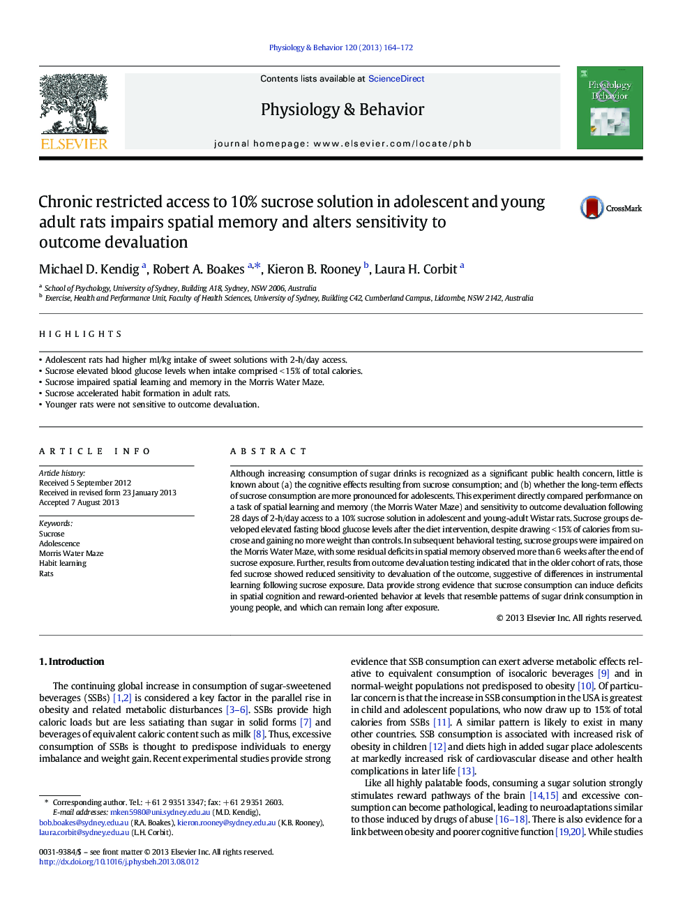 Chronic restricted access to 10% sucrose solution in adolescent and young adult rats impairs spatial memory and alters sensitivity to outcome devaluation