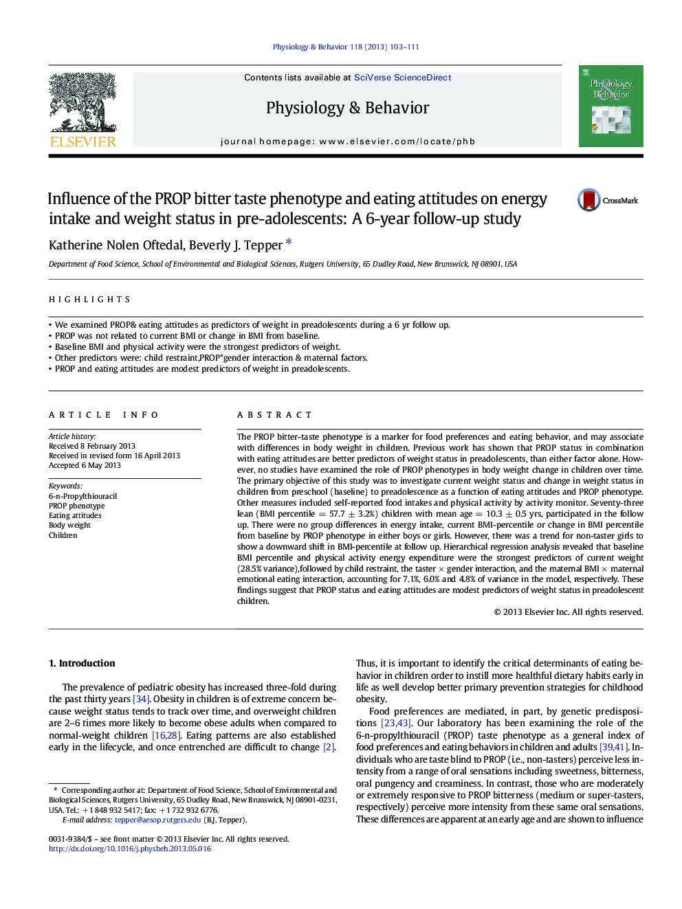 Influence of the PROP bitter taste phenotype and eating attitudes on energy intake and weight status in pre-adolescents: A 6-year follow-up study