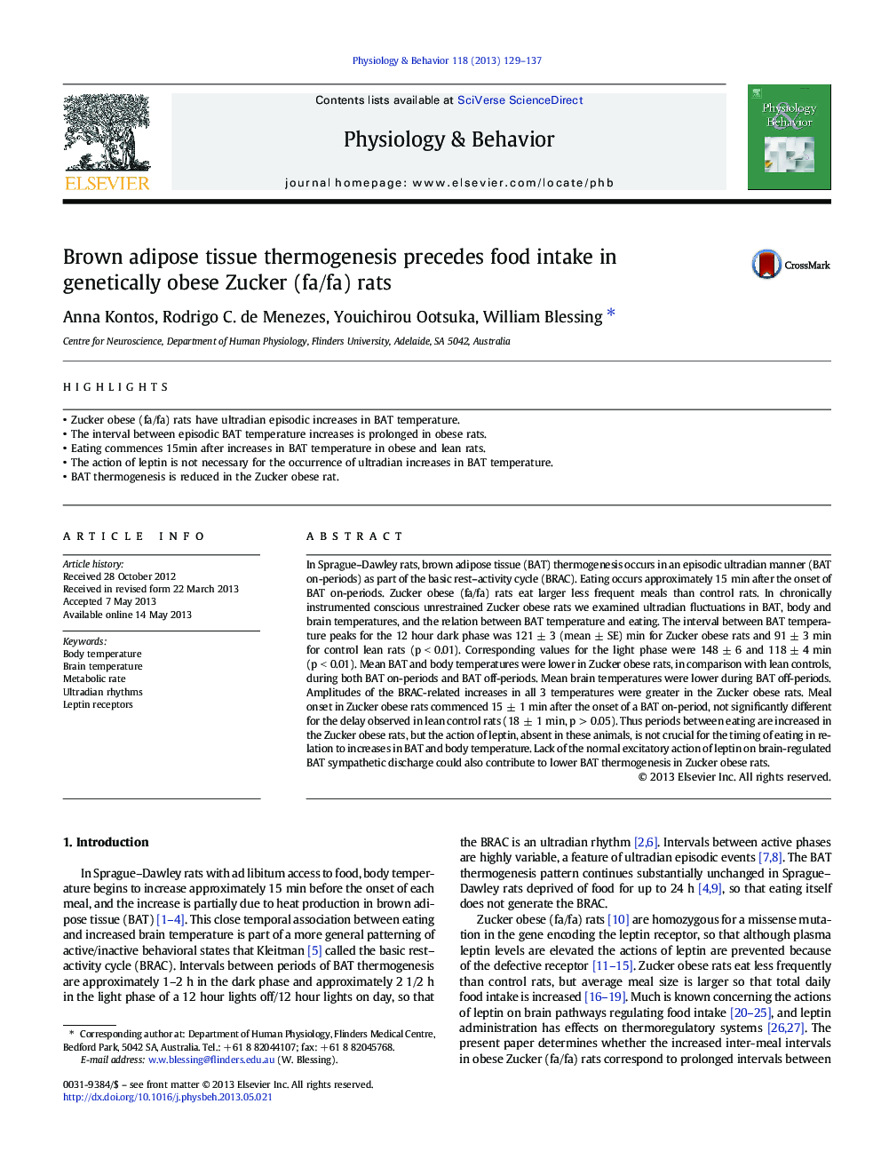 Brown adipose tissue thermogenesis precedes food intake in genetically obese Zucker (fa/fa) rats