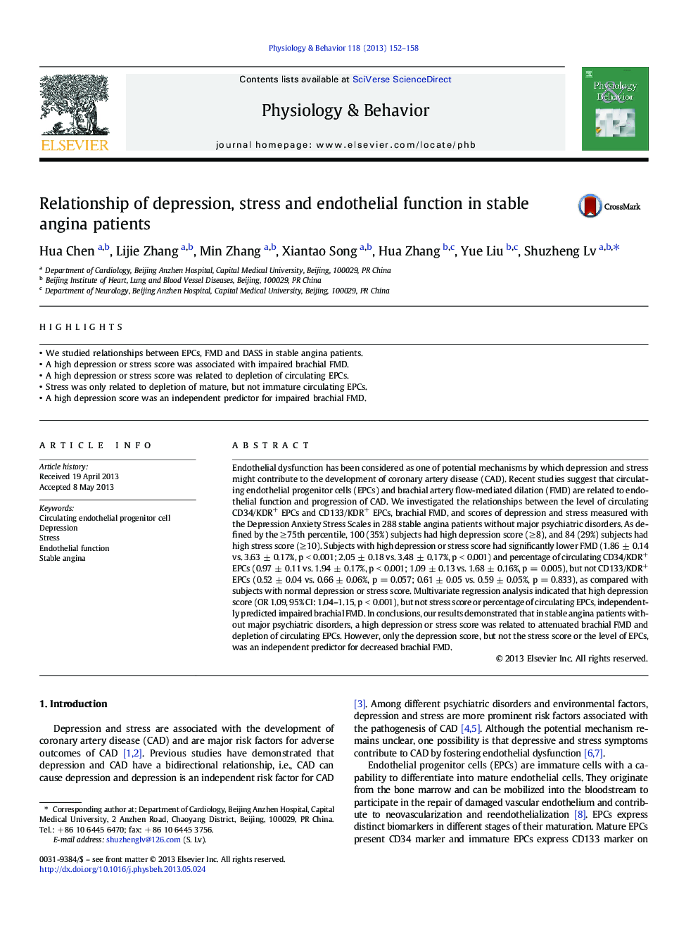 Relationship of depression, stress and endothelial function in stable angina patients