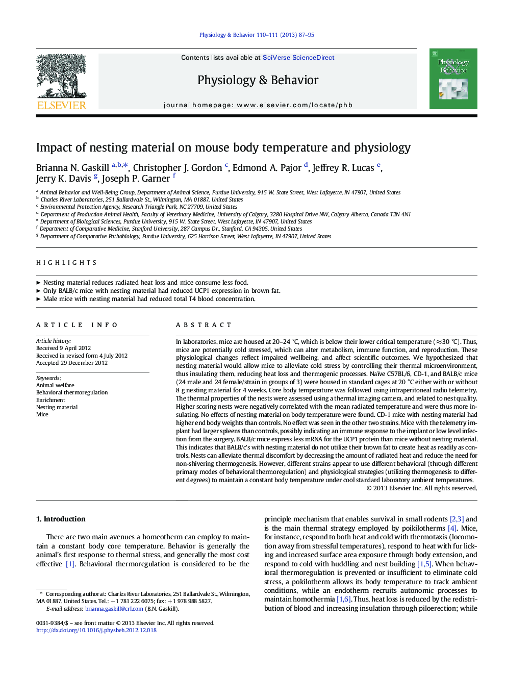 Impact of nesting material on mouse body temperature and physiology