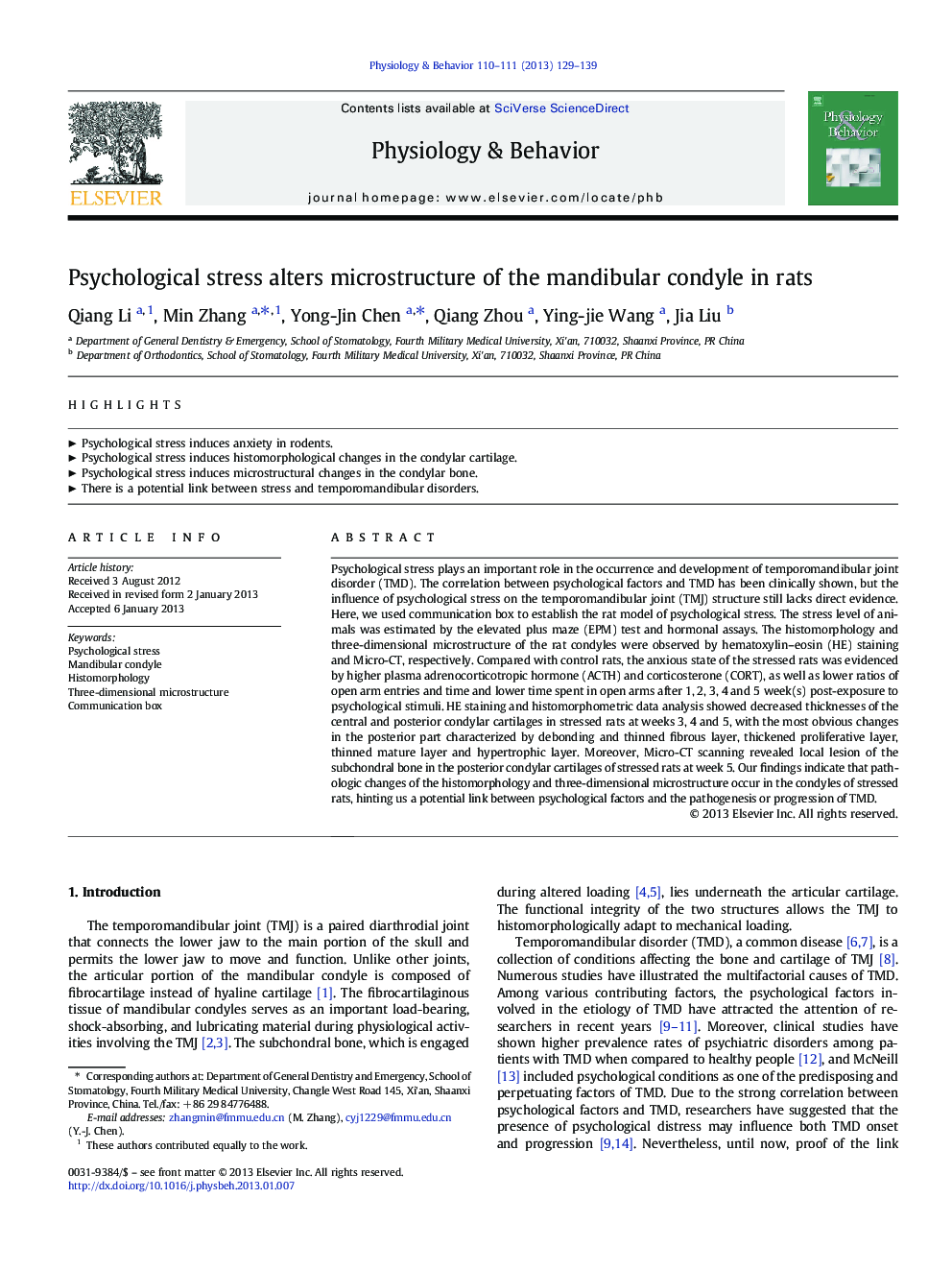 Psychological stress alters microstructure of the mandibular condyle in rats