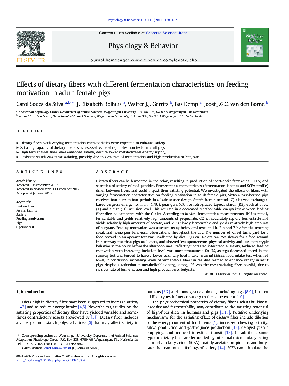 Effects of dietary fibers with different fermentation characteristics on feeding motivation in adult female pigs