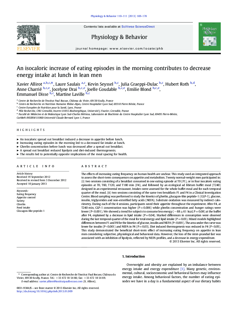 An isocaloric increase of eating episodes in the morning contributes to decrease energy intake at lunch in lean men