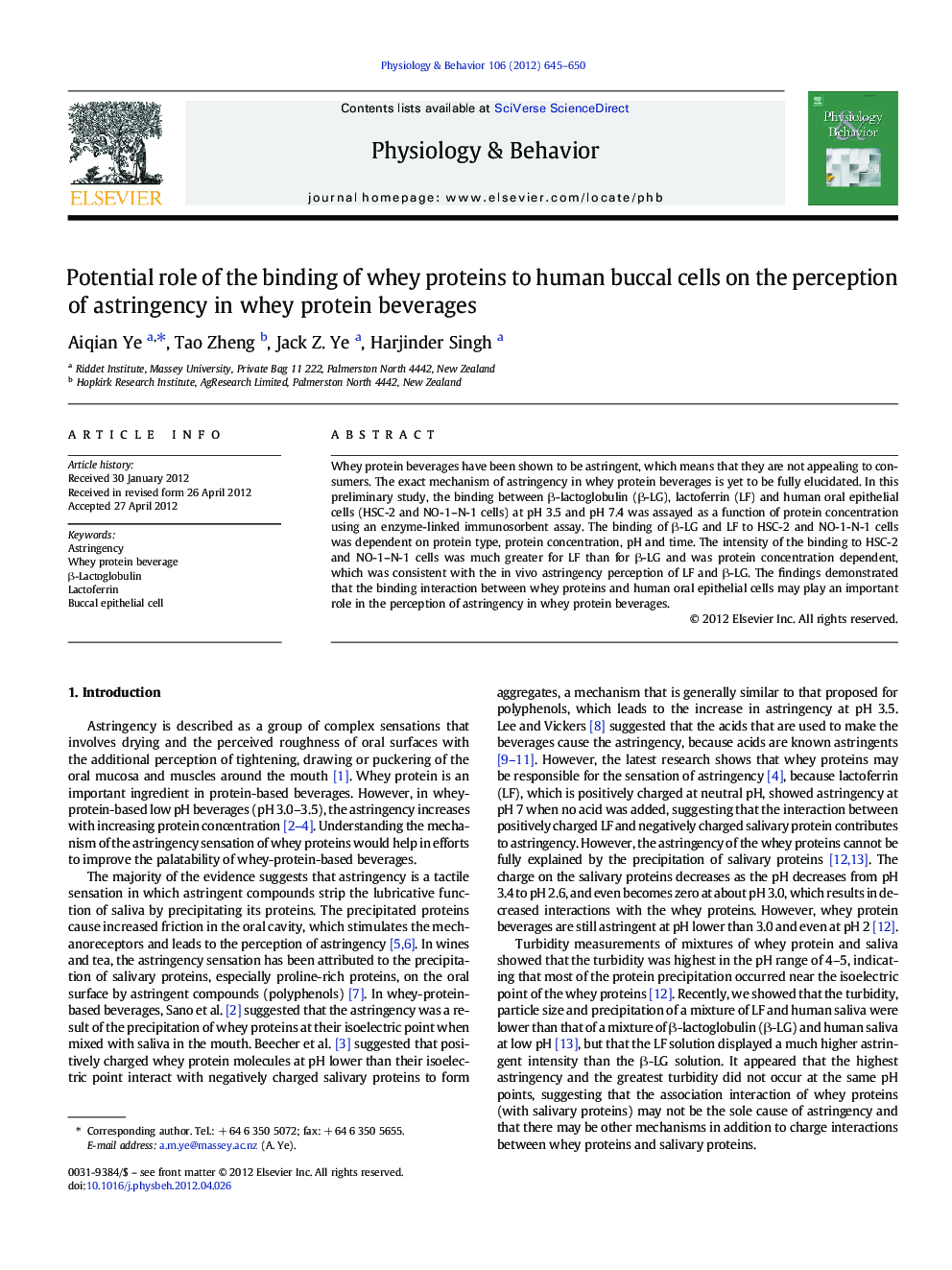 عکس صفحه اول مقاله: Potential role of the binding of whey proteins to human buccal cells on the perception of astringency in whey protein beverages Potential role of the binding of whey proteins to human buccal cells on the perception of astringency in whey protein beverages