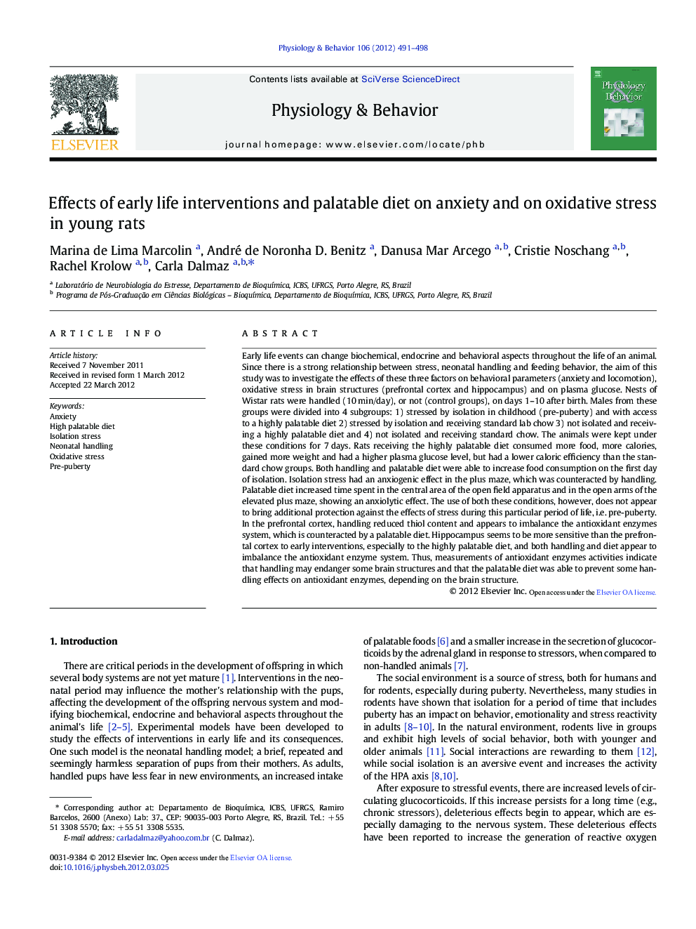 Effects of early life interventions and palatable diet on anxiety and on oxidative stress in young rats