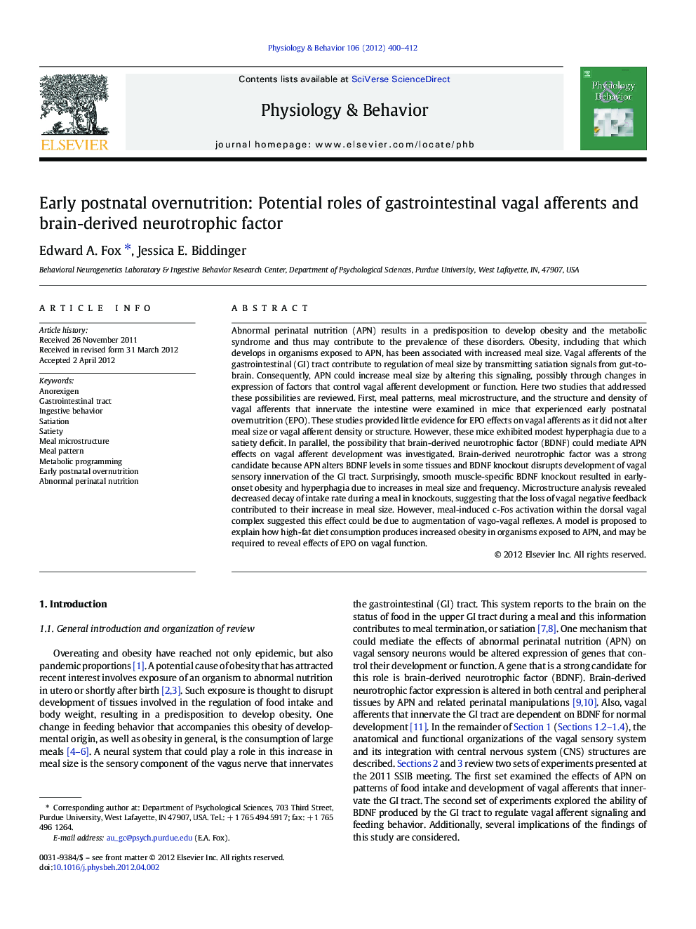 Early postnatal overnutrition: Potential roles of gastrointestinal vagal afferents and brain-derived neurotrophic factor