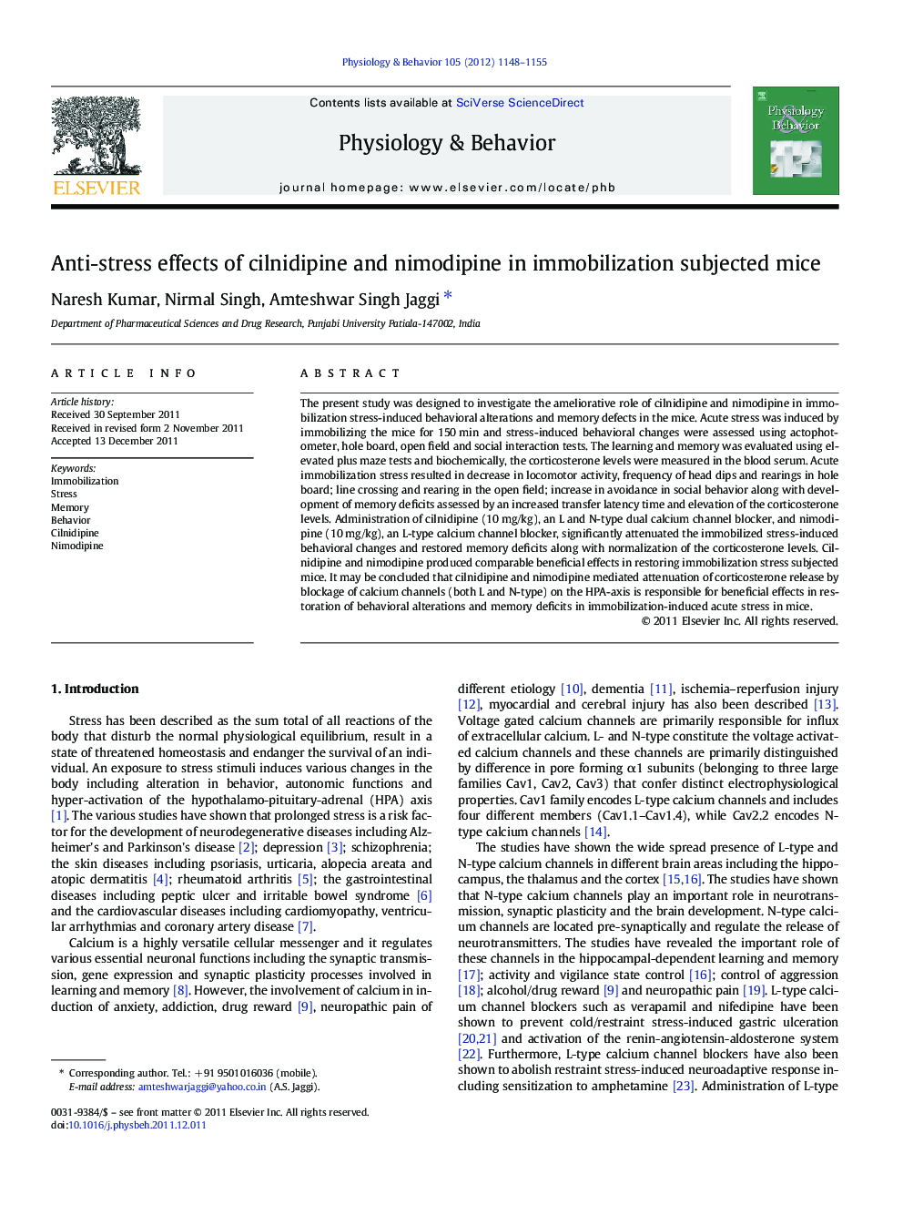 Anti-stress effects of cilnidipine and nimodipine in immobilization subjected mice