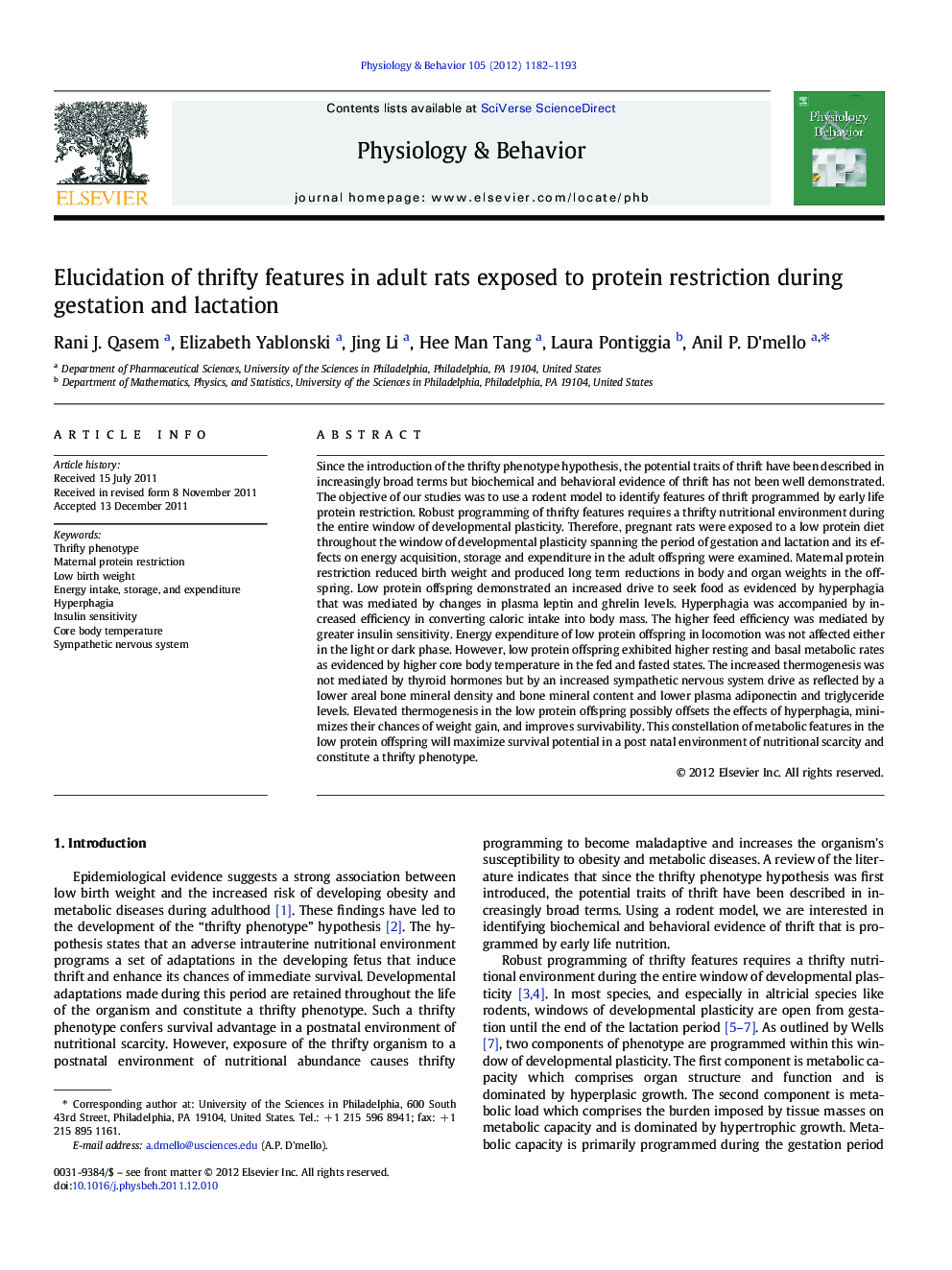 Elucidation of thrifty features in adult rats exposed to protein restriction during gestation and lactation