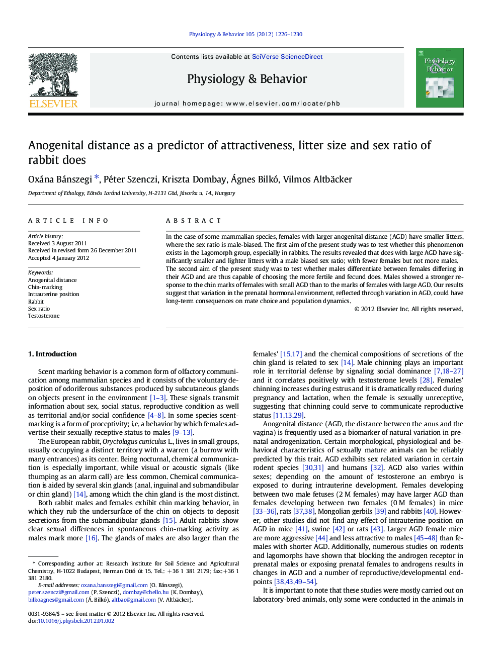 Anogenital distance as a predictor of attractiveness, litter size and sex ratio of rabbit does