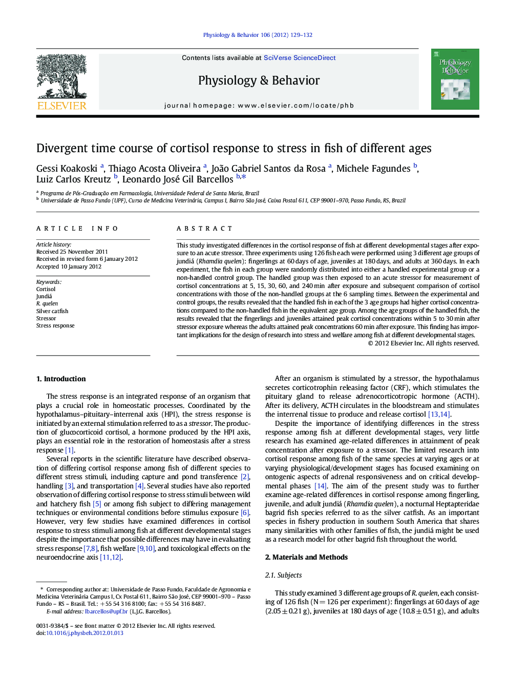 Divergent time course of cortisol response to stress in fish of different ages