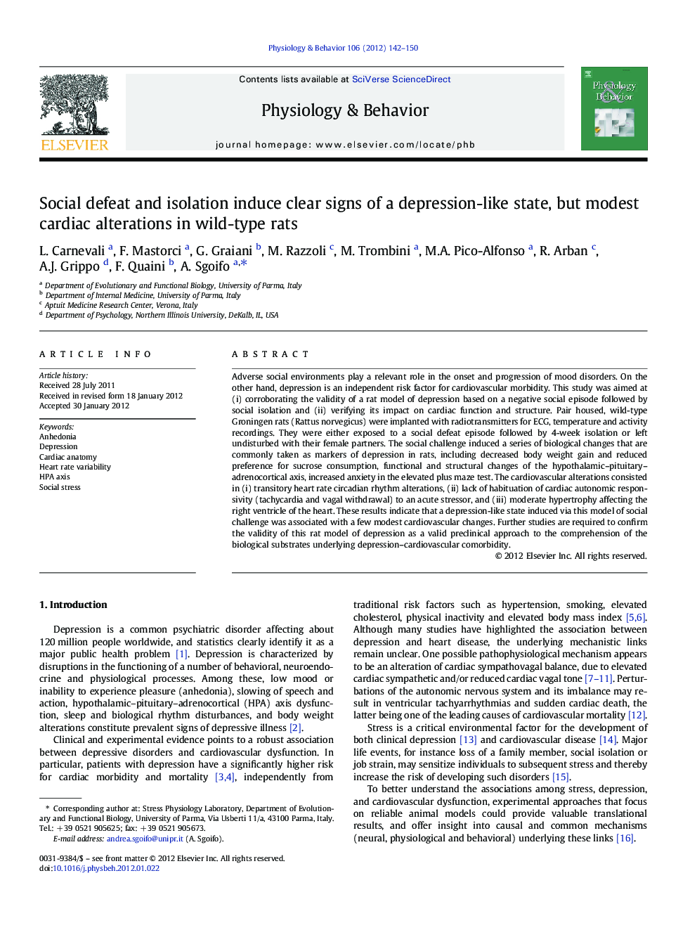 Social defeat and isolation induce clear signs of a depression-like state, but modest cardiac alterations in wild-type rats