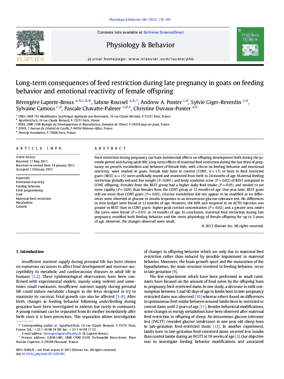 Long-term consequences of feed restriction during late pregnancy in goats on feeding behavior and emotional reactivity of female offspring