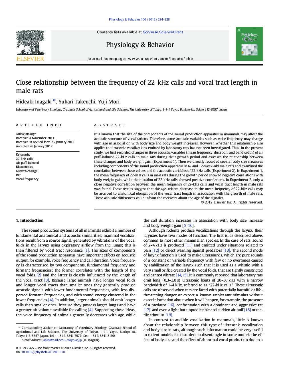 Close relationship between the frequency of 22-kHz calls and vocal tract length in male rats