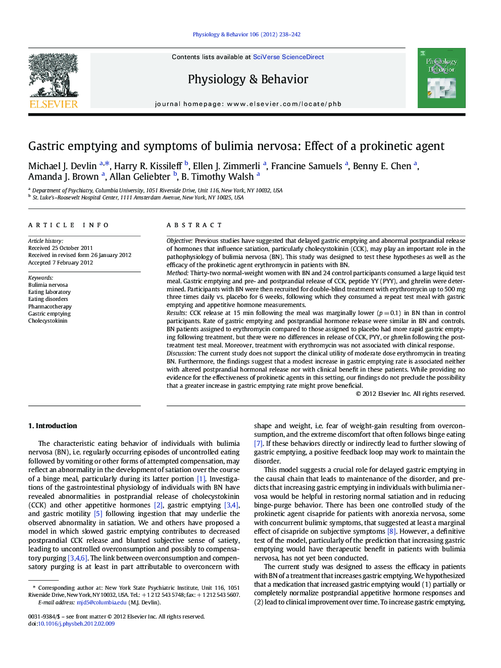 Gastric emptying and symptoms of bulimia nervosa: Effect of a prokinetic agent